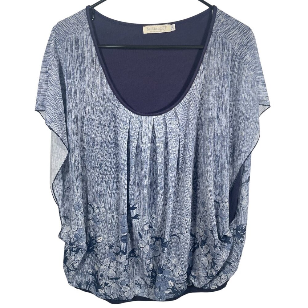 BaiShengGT Sleeveless Layered Shirt Womens 2XL Flowy Blue Floral Sheer